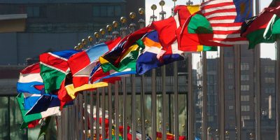 Flags of member nations flying at United Nations Headquarters.
